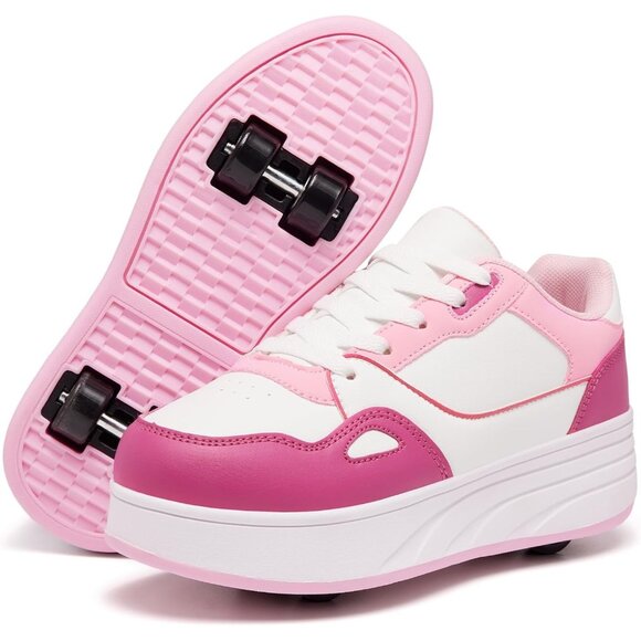 Kids Pink/white 135 Detachable Wheeled 2 In 1 Skating Shoes Fashion Sneaker